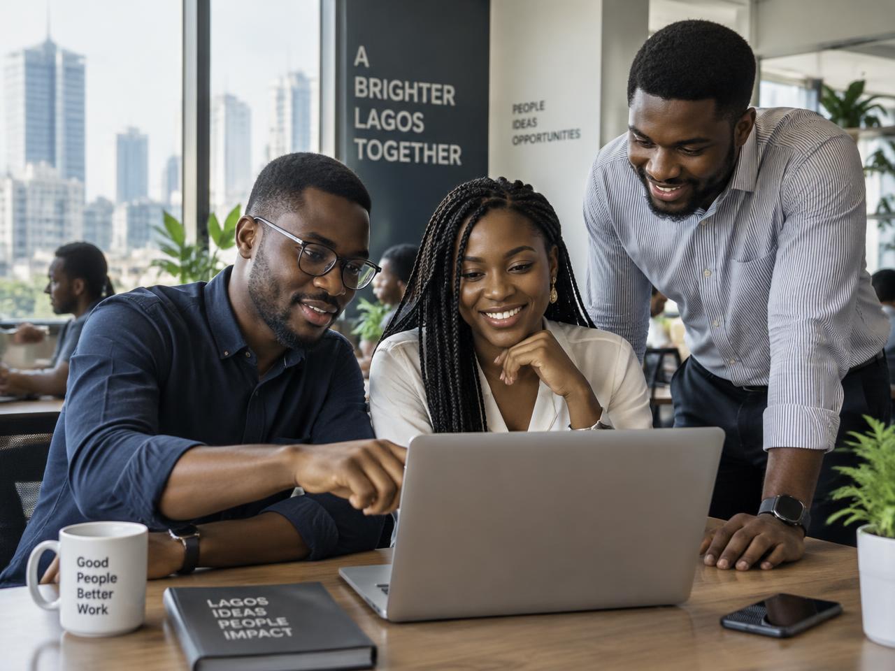 Three young Nigerian professionals working together around a laptop